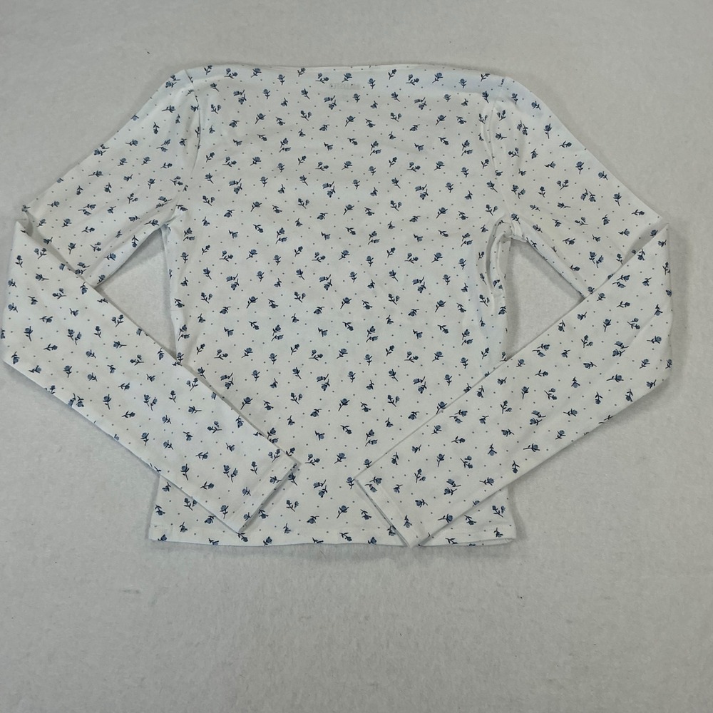 Hollister Womens XS White Blue Floral Polka Dot Wrap V-Neck Long Sleeve Top Y2K